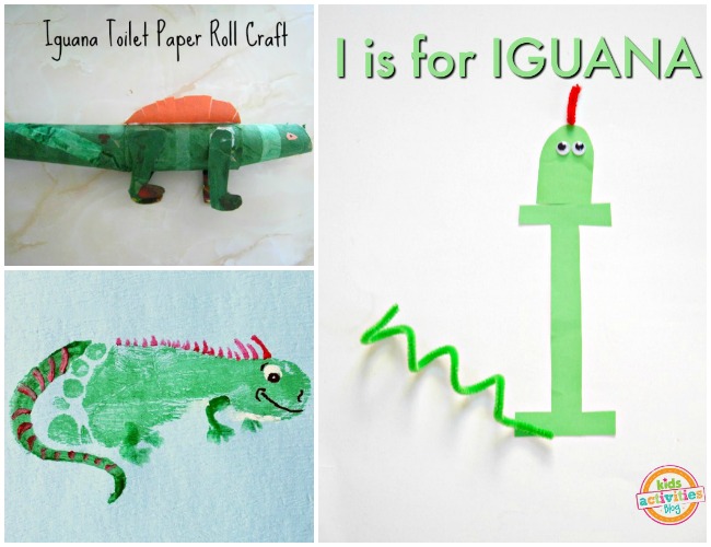 Letter I Activities Iguana- green toilet paper roll iguana with pink fin, an iguana that is green made from the letter I with googly eyes, a red pipe cleaner tongue, and green pipe cleaner tail, and a green iguana painting made with a child's foot.